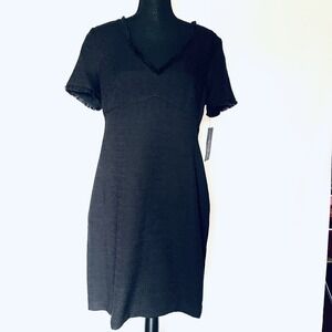 Andrew Marc Black Textured V Neck Fringe Short Sleeve Sheath Dress Size 12 BNWT